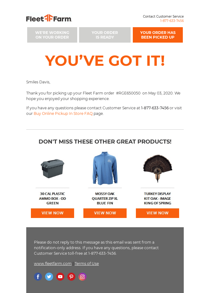 Fleet Farm order confirmation email showing post-purchase upselling with related product recommendations and special offers to enhance customer experience